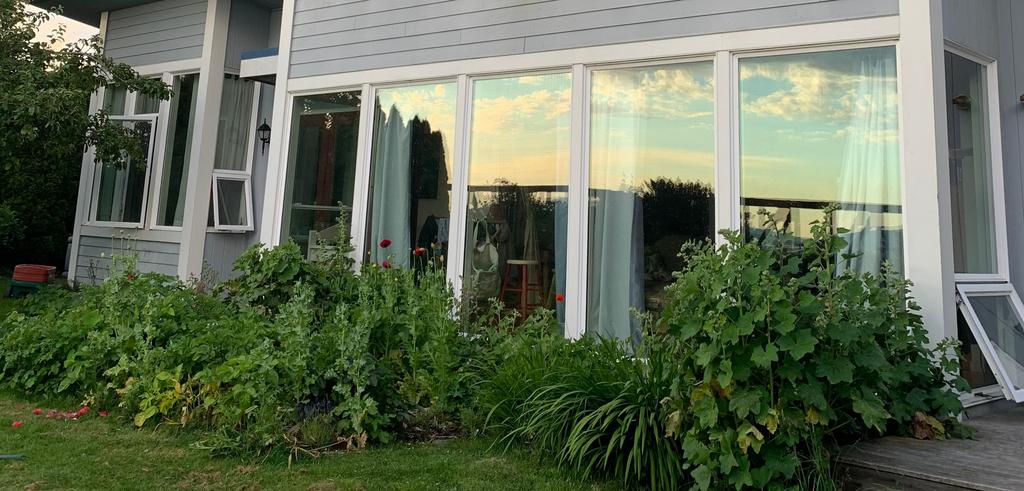 Modern house with large windows and a green lawn